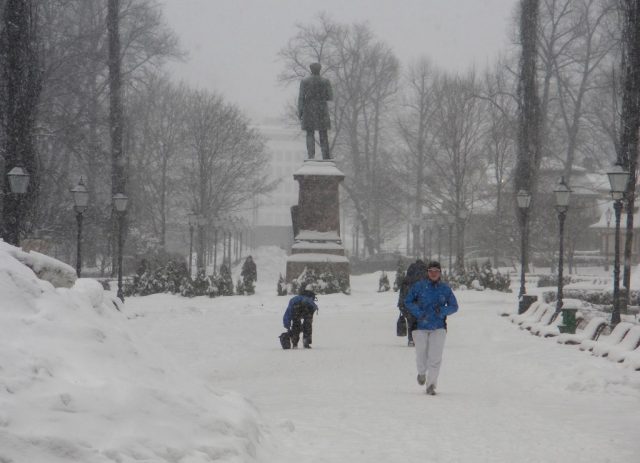 snow storm at Esplanade park in Helsinki