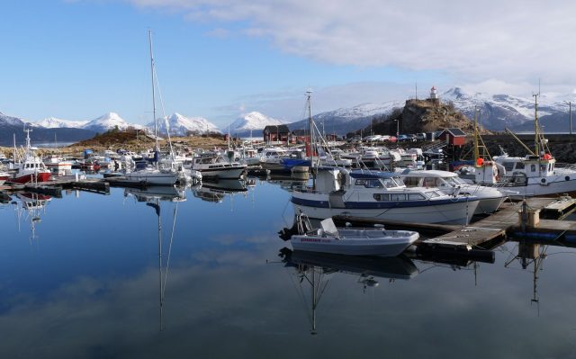 Lofoten, Norway. A fishing village port on shore of a fjord