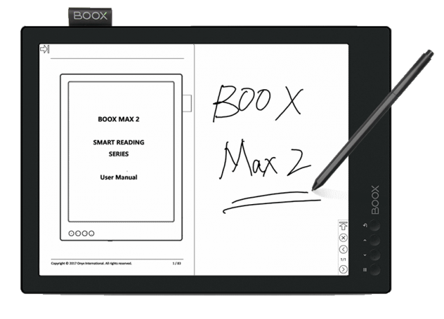 Onyx Boox Max 2 e-reader with stylus for handwriting and drawing on screen