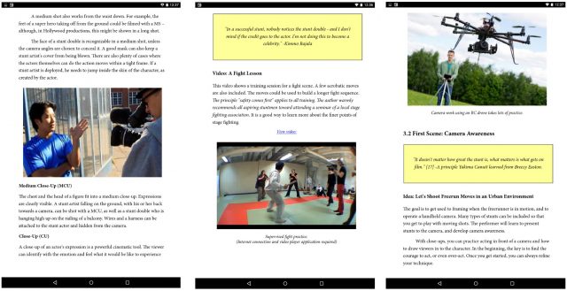 Stunts, Sccenes and Safety, book layout on a tablet