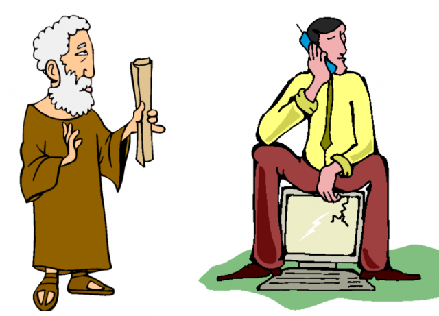 clip art cartoon: old man with papyrus and young man with mobile phone and computer