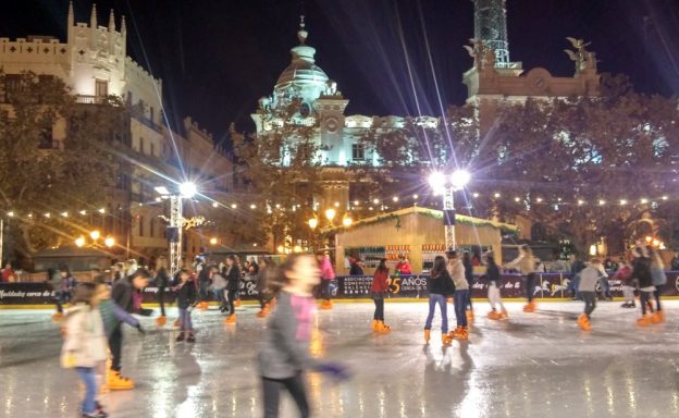 oce-skating at town hall square in Valencia, Spain, Europe
