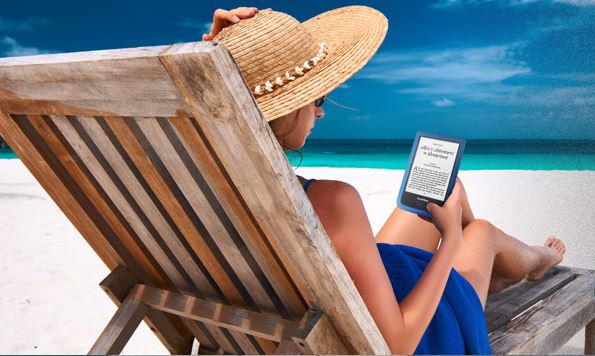 Pocketbook Aqua e-reader, woman reading on beach