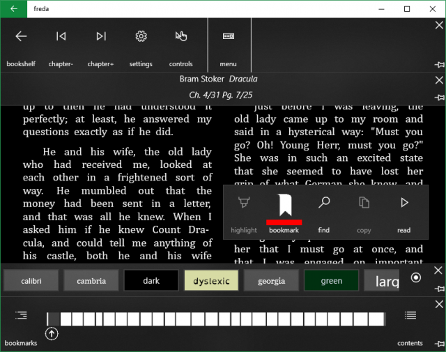 freda epub reader app settings on Windows 10