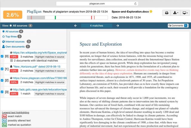 Plagscan: plagiarism analysis results