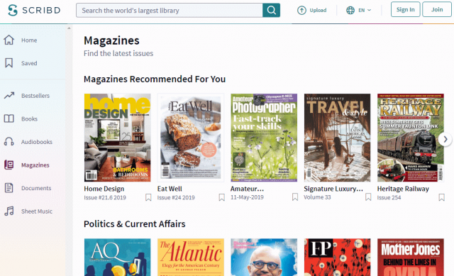 Scribd monthly subscription to ebooks, magazines, audiobooks