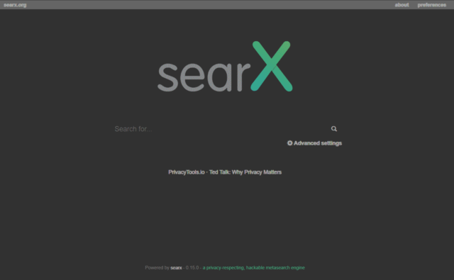 searx search engine instance home page