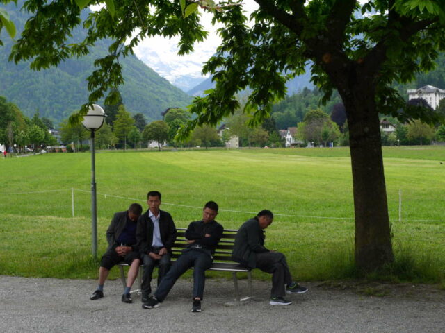 switzerland, interlaken, a group of tourists take a break in a park