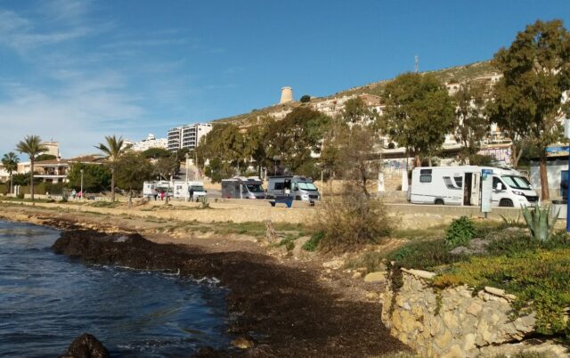 motorhomes (RVs) parked at Mediterranean coast