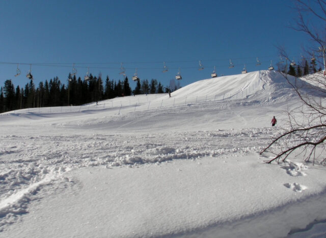 downhill slalom ski slope, skiers, ski lift