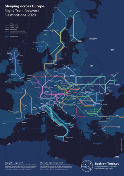 Which countries have night train services in Europe? Here is a map of routes