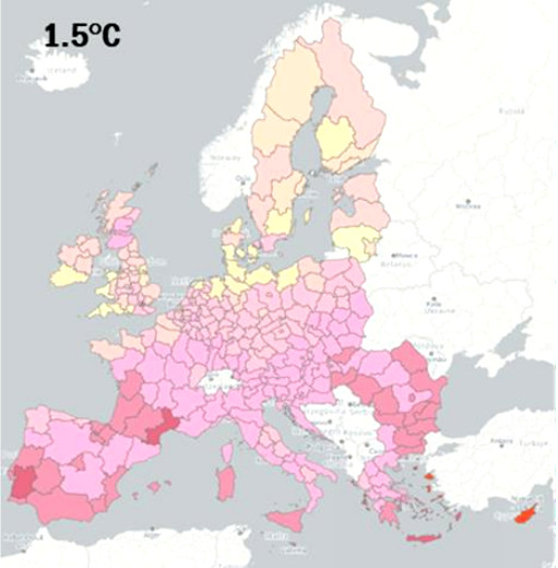 europe regions climate change impact on tourism 1.5C. graph:  Regional impact of
climate change on European tourism demand