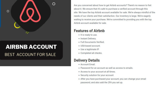a web page advertising stolen airbnb accounts