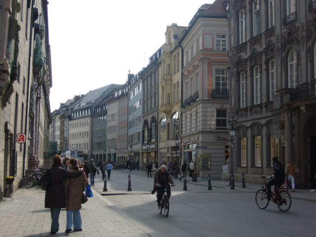 a pedestrian/bicycle street in center of Munich, Germany. Image Caitriana Nicholson, CC BY-SA license.