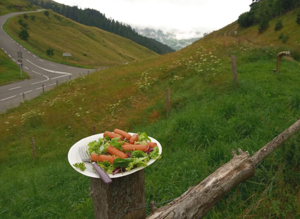 sausage salad lunch on a mountain