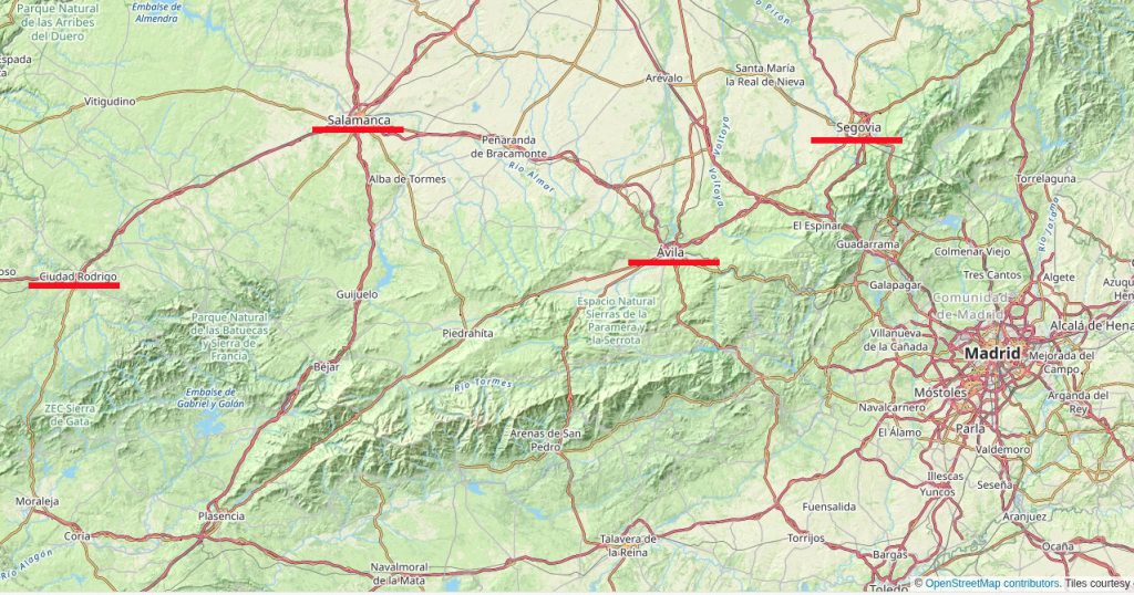 map of spain near madrid. map by openstreetmap.org.