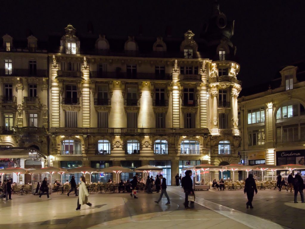 place de comedie in montpellier, france at night