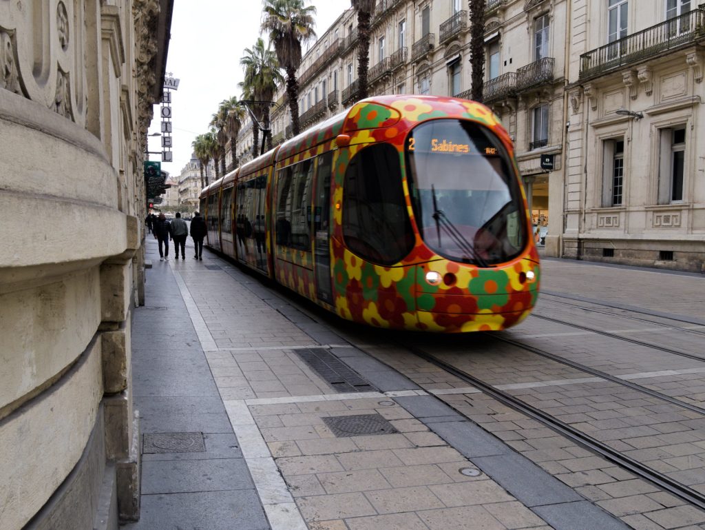 colorful tram in montpellier city center