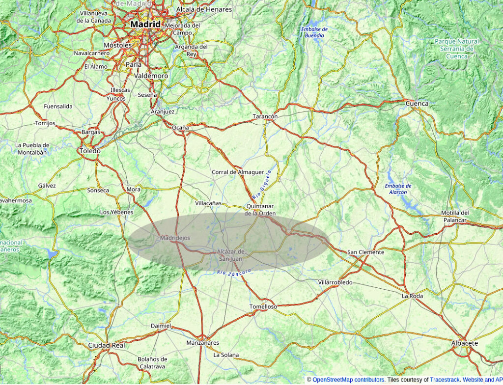 ancient windmill towns in castilla la mancha. map by openstreetmap.org